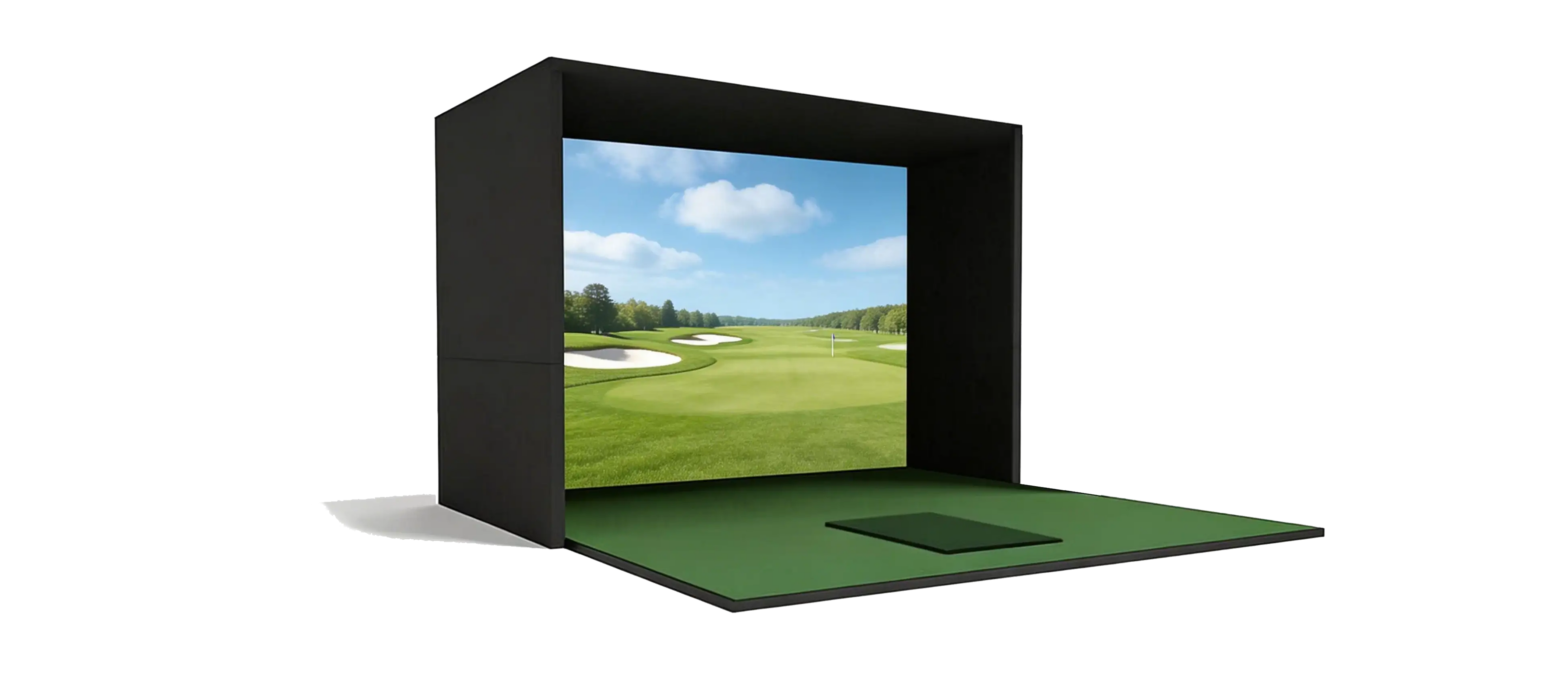 Golf simulator with green turf and digital fairway screen in black enclosure