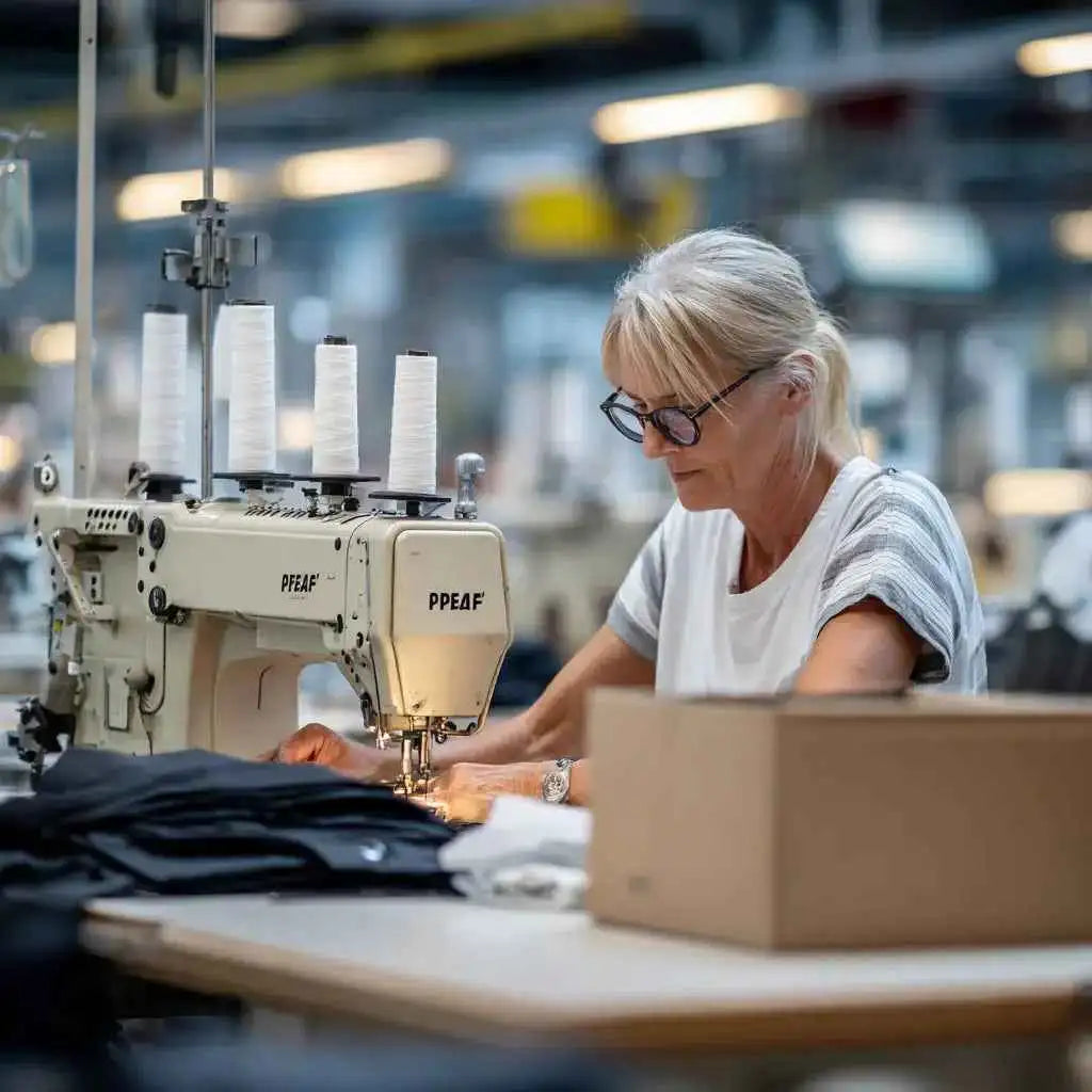 Middle-aged woman sewing fabric with industrial sewing machine in textile factory