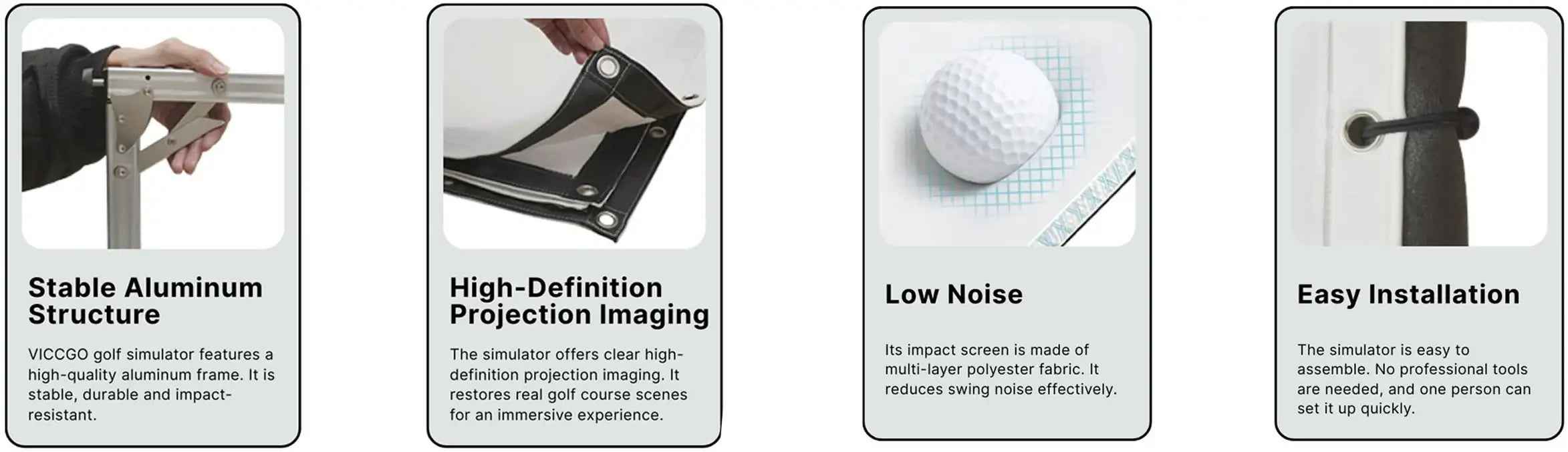 Golf simulator features: stable aluminum frame, high-definition projection screen, low noise, easy installation.
