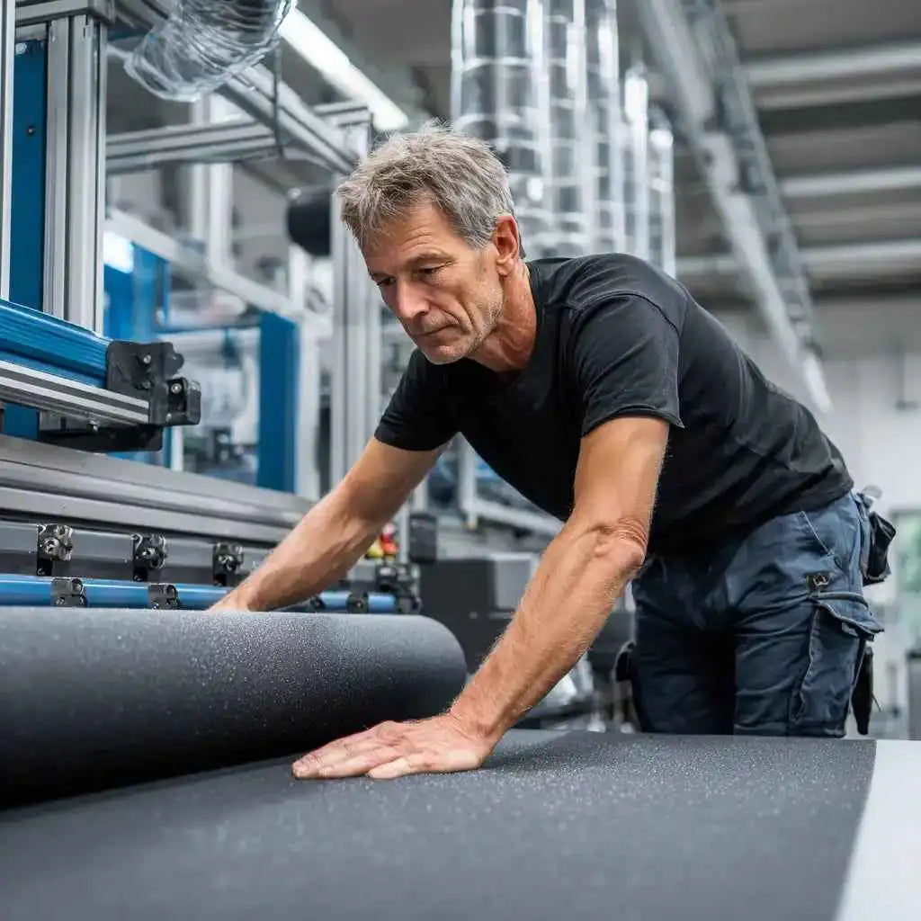Middle-aged man in black t-shirt working with industrial machine, handling rolled material.