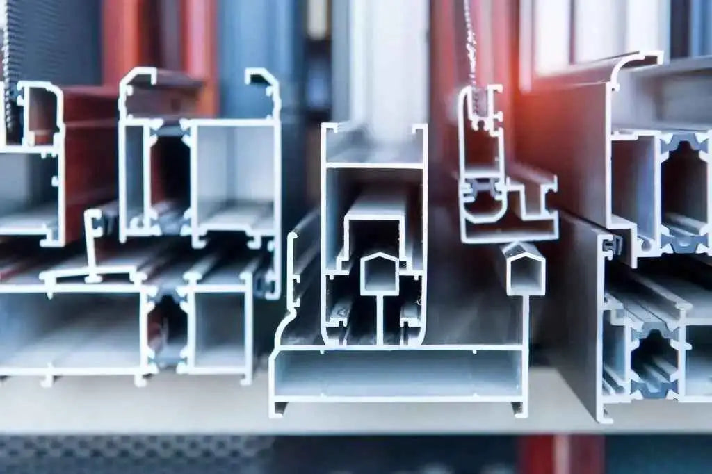 Closeup of aluminum profiles and extrusions for construction and manufacturing